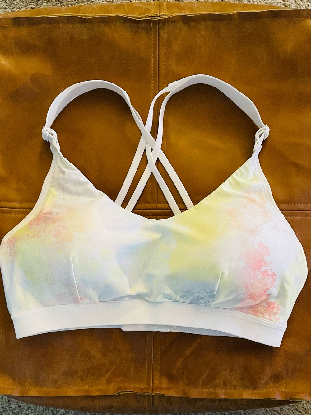 CALIA by Carrie Underwood White Pastel Tie-Dye Strappy Sports Bra Medium